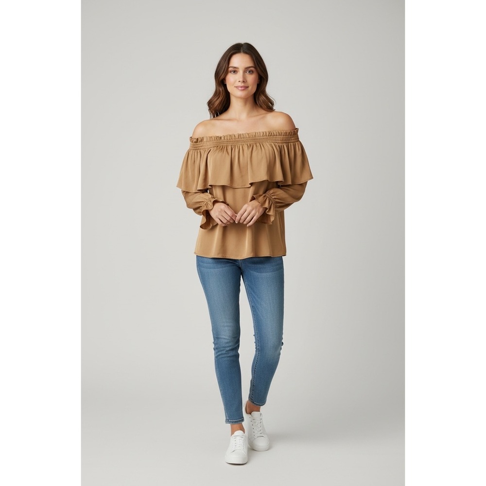 LOFT Womens Camel Tan Off The Shoulder Ruffle Smocked Blouse Top Medium